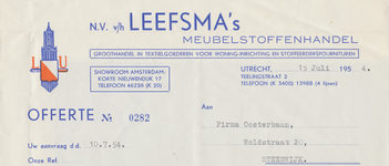 716267 Briefhoofd van een offerte van Leefsma’s Meubelstoffenhandel (LMU), Teelingstraat 2 te Utrecht.